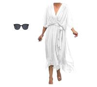 Stylish And Elegant V-Neck Tiered Dress, Womens Solid Color Lace Up Long Skirt Sleeve Irregular Dresses(White,L)
