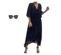 Stylish And Elegant V-Neck Tiered Dress, Womens Solid Color Lace Up Long Skirt Sleeve Irregular Dresses(Black,XL)