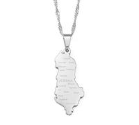 Stylish-Art Ciondolo Ciondolo Mappa Albania, Collana Mappa Albanese con Modello Nome Città, Ornamento Etnico Patriottico Ciondolo Gioielli Regali per Donna Uomo,Argento,Catena da 60 Cm