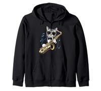 Stylish Cat Playing Saxophone with Notes Funny Music Felpa con Cappuccio