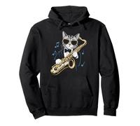 Stylish Cat Playing Saxophone with Notes Funny Music Felpa con Cappuccio