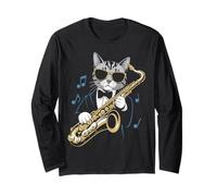 Stylish Cat Playing Saxophone with Notes Funny Music Maglia a Manica