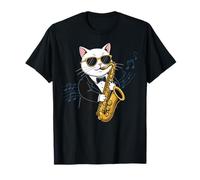 Stylish Cat Playing Saxophone with Notes Funny Music Maglietta