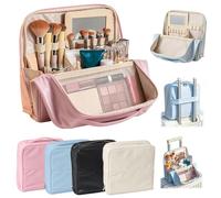 Stylish Handheld Partitioned Cosmetic Bag, Standing Toiletry Bag, Stand Up Makeup Bag for Travel with Multi-Compartments Detachable Mirror Luggage Strap for Travel & Daily Use (Pink)