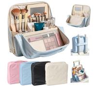 Stylish Handheld Partitioned Cosmetic Bag, Standing Toiletry Bag, Stand Up Makeup Bag for Travel with Multi-Compartments Detachable Mirror Luggage Strap for Travel & Daily Use (Blue)