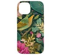 Stylized tropical Bird and Pink Flower Jungle Pattern Custodia per iPhone 14