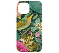 Stylized tropical Bird and Pink Flower Jungle Pattern Custodia per iPhone 15