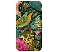 Stylized tropical Bird and Pink Flower Jungle Pattern Custodia per iPhone X/XS