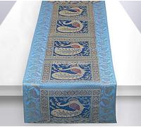 Stylo Culture Etnico Decorativo Runner da Tavolo Salotto Turchese per Sala da Pranzo Oro Arredamento della Cucina Broccato Jacquard Pavone Floreale | 60x16 Pollici (152 x 40 cm)