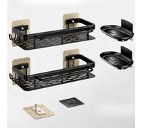 Styptika Confezione da 4 mensole adesive per doccia, in alluminio, con portasapone, montaggio a parete senza trapano, antiruggine, design a piattaforma, grande organizer nero per doccia