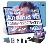 SUAAT Android 15 Tablet da 10 pollici, Gemini AI, Widevine L1, Octa Core, 8000 mAh, 30 GB RAM+ 128 GB ROM, 8 MP+5 MP, Bluetooth 5.0, Tablet PC Include mouse, tastiera e custodia protettiva - Blu