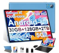 SUAAT Tablet Android 15 da 10.1 pollici, Gemini AI, Widevine L1, Octa Core, 8000 mAh, 30 GB RAM + 128 GB ROM+2TB,GMS, BT5.0, Tablets Corpo in Metallo con Tastiera, Mouse, Custodia Protettiva-Blu