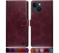 SUANPOT progettazione per iPhone 15 Plus 6.7" Blocco RFID Portafoglio Slot CarteSupporto Cellulare Magnetica custodia Pelle Sintetica Cover per apple 15 Plus Vino Rosso