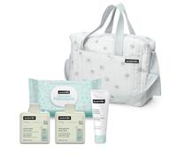 Suavinex, Borsa cambio bambino con cosmetici: Gel detergente delicato 300 ml + Latte idratante 300 ml + Crema per il cambio 75 ml + Salviette 60 unità. Regalo di nascita per bambina e bambino, blu