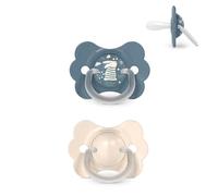 Suavinex, confezione da 2 ciucci neonati 6/18 mesi, con tettina in silicone SX Pro, simmetrica, piatta e flessibile, rispetta lo sviluppo orale, con anello, previene sfregamenti Wonder Beige + Blu