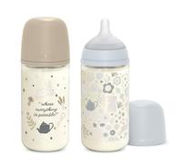 Suavinex, Confezione Biberon in Vetro da 240 ml. SX Pro Biberon simmetrica in silicone, Anti-colica, Biberon a flusso medio (M), Per bambini +3 mesi, Wonder Azzurro Beige