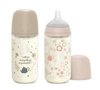 Suavinex, Confezione Biberon in Vetro da 240 ml. SX Pro Biberon simmetrica in silicone, Anti-colica, Biberon a flusso medio (M), Per bambini +3 mesi, Wonder Rosa, Beige