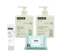 Suavinex, Confezione cosmetica bambino con gel shampoo delicato 500 ml + crema idratante 500 ml + pomata pannolino 50 ml + salviettine 25 pz. Adatto per pelli sensibili, neonato, 93-95% ingredienti