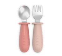 Suavinex Posate Apprendimento Bambini, Cucchiaio e Forchetta, +6 Mesi, Rosa | Acciaio Inossidabile, Manico Silicone Antiscivolo, Ergonomiche, BLW, Lavabili in Lavastoviglie