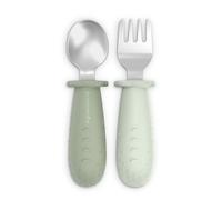 Suavinex, Posate per l'apprendimento bambini, cucchiaio e forchetta in acciaio inossidabile, Manico in silicone antiscivolo, ergonomiche, BLW,i +6 mesi, lavabili in lavastoviglie, Verde