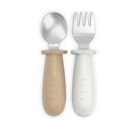 Suavinex, Posate per l'apprendimento bambini, cucchiaio e forchetta in acciaio inossidabile, Manico in silicone antiscivolo, ergonomiche, BLW,i +6 mesi, lavabili in lavastoviglie, Beige