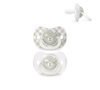 Suavinex, Set di 2 ciucci per neonati e bambini 0/6 mesi, brillano al buio, con anello fluorescente, ideale per notte, tettarella simmetrica SX Pro in silicone, reversibile, piatto e morbido, grigio