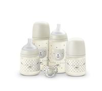 Suavinex, Set di Biberon per Neonati, Confezione Regalo con: 2 Biberon da 270 ml + 2 Biberon da 150 ml + Ciuccio da 0 a 6 Mesi, Tettarelle Fisiologiche SX Pro in Silicone, 5 Pz, +0M, Wild&Free Beige