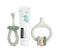 Suavinex, Set Igiene Dentale, 0+ mesi, Verde | Spazzolino da Denti per Neonati + Massaggiatore per Gengive + Dentifricio per Neonati, Manici Ergonomici