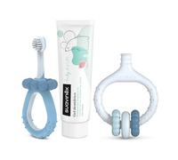Suavinex, Set per iniziare l'Igiene Dentale, Include: Spazzolino da Denti per Neonati + Massaggiatore per Gengive + Dentifricio per Neonati, Manici Ergonomici, Uso Quotidiano, +0 Mesi, Blu