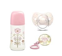 Suavinex set regalo Gold Edition, Biberon 270ml, Ciuccio 0-6M e Clip, Rosa