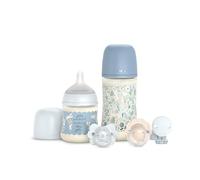 Suavinex, Cofanetto regalo neonato con biberon anticoliche 150 ml flusso lento + 270 ml flusso medio + 2 ciucci 0/6 mesi con tettarella fisiologica SX Pro + attacco ciuccio. Wonderland blu