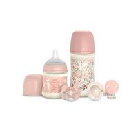 Suavinex, Cofanetto regalo neonato con biberon anticoliche 150 ml flusso lento + 270 ml flusso medio + 2 ciucci 0/6 mesi con tettarella fisiologica SX Pro + attacco ciuccio. Wonderland Rosa