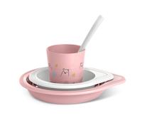 Suavinex, Set svezzamento Bambino +6 Mesi, Stoviglie per Bambini Lavabili in Lavastoviglie e Microonde. Include: Bicchiere + Piatto Piano + Ciotola + Cucchiaio. My family Rosa