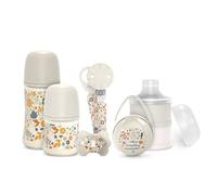 Suavinex, Cofanetto Regalo Neonato. Kit Biberon Anti-Colica da 150 ml e 270 ml + Ciuccio 0/6 Mesi con Tettarella SX Pro + Dosatore Latte + Porta Ciuccio + Catenella portaciuccio. Wonderland Azzurro
