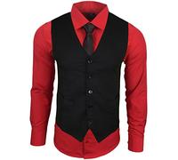 Subliminal Moda - Stiratura facile Gilet + Camicia + Cravatta Uomo Collo Tinta Unita Maniche Lunghe Taglio Slim Business, Idea Regalo RN22 rosso L