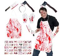 SUBRINGE Costume Macellaio Halloween, Macellaio Costume con Coltello di Plastica, Fascia da Mannaia, Grembiule Insanguinato, Guanti e Tatuaggio, per Uomini, Carnevale, Cosplay, Mascherata