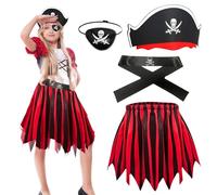 SUBRINGE Costume Pirata per Bambini, 4 Pezzi Pirate Costume Bambina Include Cappello da Pirata, Benda sull'occhio, Cintura e Gonna, Adatto per Ragazze, Festa di Compleanno a Tema Pirata, Halloween