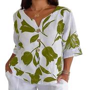 Subsistenceed Printed Linen-Cotton V-Neck Pullover Shirt, Women Loose Fit Button Down (Green,3XL)