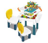SUBTLETY Set di sedie 6 in 1 in plastica per bambini, tavolo da attività per bambini, tavolo da costruzione con 163 mattoncini e 2 sedie, tavolo fai da te per cameretta dei bambini (tipo A)