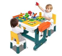 SUBTLETY Set di sedie in plastica per bambini, tavolo da attività per bambini, con tavolo da costruzione su due lati, tavolo da costruzione con 300 mattoncini e 2 sedie, tavolo fai da te per cameretta