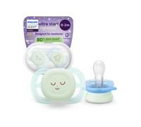 Succhietti Ultra Start 0-2m Night Pastello Verde e Blu Smile e Sleep, a base vegetale - Set da 2 ciucci - Philips Avent