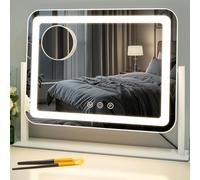 Sucedey Specchio cosmetico con luci, 46 x 36 cm specchiera da truccare illuminata, 3 modalità di colore e luminosità regolabile, controllo touch, specchietto ingranditore 10x staccabile (Bianco)