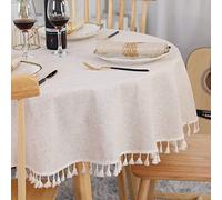 SUCHDECO Tovaglia Antimacchia Rotonda Beige 150 cm in Lino Cotone Lavabile Antipolvere con Nappe per Cucina, Sala da Pranzo, Feste, Feste, Tavolino