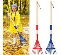 Suclain 2 rastrelli in metallo per bambini con manico in legno duro mini piccolo bambino dimensioni multicolore leggero rastrello per giardinaggio prato strumenti da cortile regali