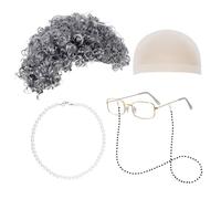 Sucrain - Set di 5 pezzi di parrucca da donna vecchia: parrucca in poliestere grigio riccia, include berretto per parrucca, occhiali da nonna, collana di perle artificiali, catena per occhiali, stile