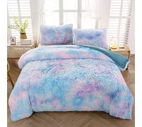 SUCSES Blue Queen - Set di biancheria da letto con copripiumino e federe, motivo arcobaleno tie-dye, soffice, per ragazze, in peluche, peloso, decorativo, per camera da letto (1 copripiumino, 2 federe