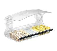 Suction Cup Bird Feeder, Transparent Acrylic Feeder, Leak-Proof Detachable Food Tray, 9.84x5.12x5.51 inches Window Cling Parrot Feeding for Patio, Apartment, Deck and Backyard