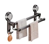 Suction Cup Towel Bar | Rack With Two Hooks | Toilet Double Towel Bar | For Apartment Bathroom Shower Glass Mirror Tile Wall Door Smooth Marble