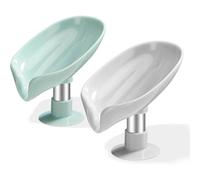 Suction Soap Dishes with Drainage, Shower Soap Holder for Bathroom, Leaf Shape Bar Soap Tray, Soap Box for Kitchen Sponge.Easy Cleaning.Green, Grey2 P