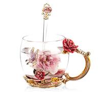 Sudatek smalto vetro trasparente tazza di caffè tè acqua tazza con cucchiaio a mano farfalla rosa set regalo Red Rose